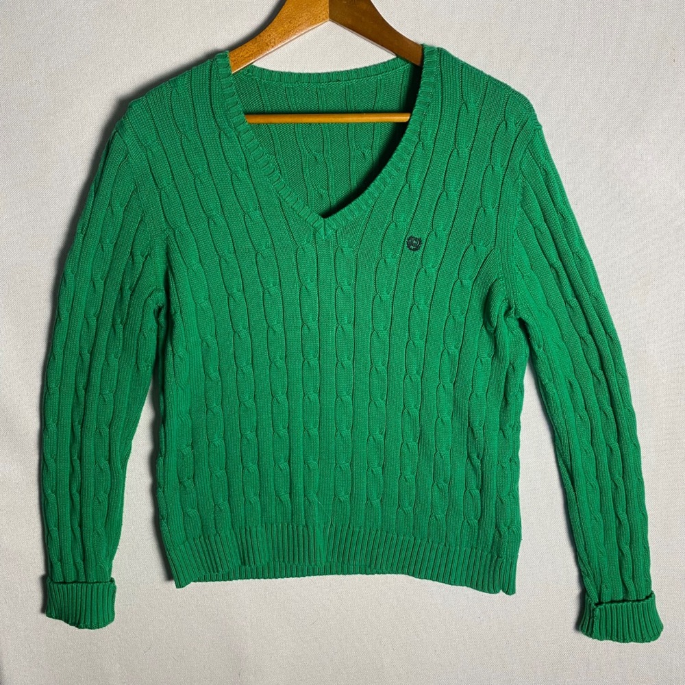 Chaps Womens Green Cable Knit V-Neck Sweater Embroidered Crest Logo Long Sleeve